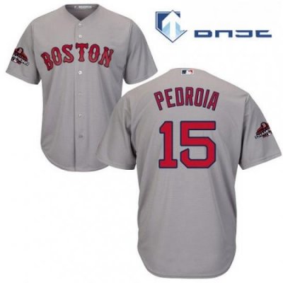 Youth Majestic Boston Red Sox 15 Dustin Pedroia Authentic Grey Road Cool Base 2018 World Series Champions MLB Jersey