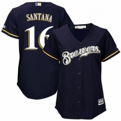 Womens Majestic Milwaukee Brewers 16 Domingo Santana Replica White Alternate Cool Base MLB Jersey