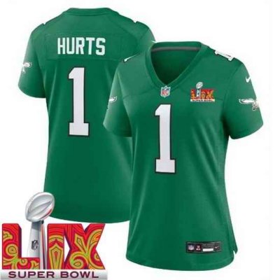 Women Philadelphia Eagles Jalen Hurts #1 Kelly Green 2024 2025 Super Bowl LIX F U S E Stitched NFL Jersey