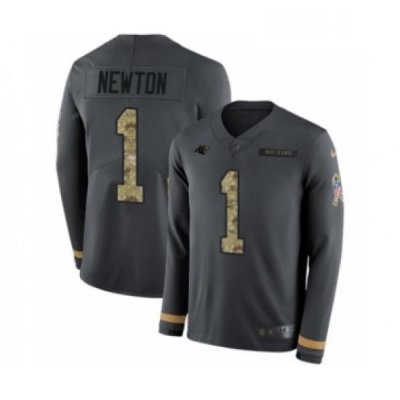 Youth Nike Carolina Panthers 1 Cam Newton Limited Black Salute to Service Therma Long Sleeve NFL Jersey