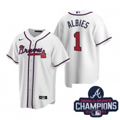 Men Nike Atlanta Braves 1 Ozzie Albies White Home Stitched Baseball Stitched MLB 2021 Champions Patch Jersey