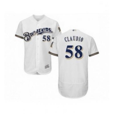 Mens Milwaukee Brewers 58 Alex Claudio White Alternate Flex Base Authentic Collection Baseball Jersey