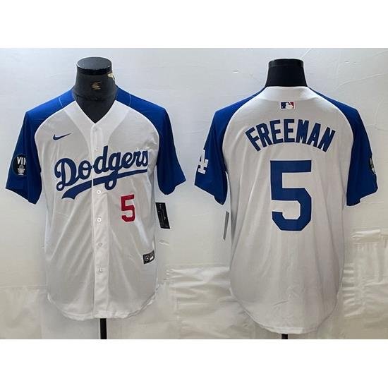 Men Los Angeles Dodgers 5 Freddie Freeman White Blue Vin Patch Cool Base Stitched Baseball Jersey 2