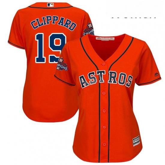 Womens Majestic Houston Astros 19 Tyler Clippard Replica Orange Alternate 2017 World Series Champions Cool Base MLB Jersey