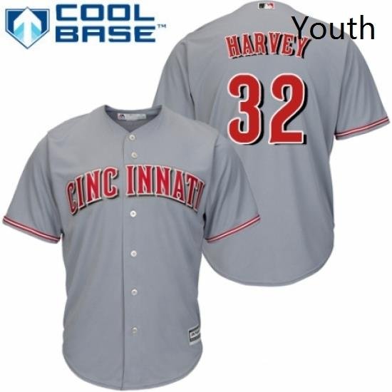 Youth Majestic Cincinnati Reds 32 Matt Harvey Replica Grey Road Cool Base MLB Jersey