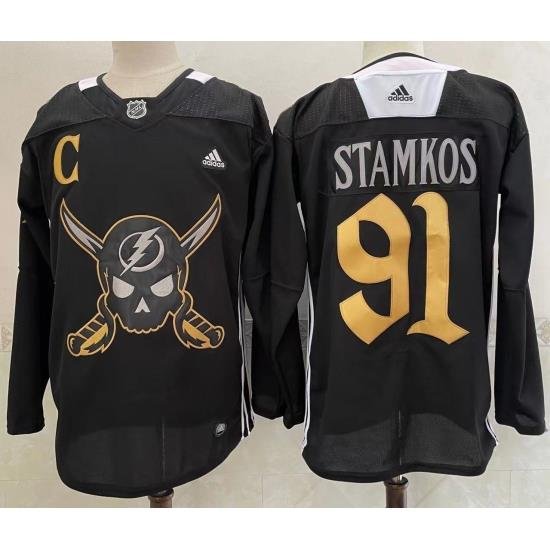 Men's Tampa Bay Lightning #91 Steven Stamkos Black Pirate Themed Warmup Authentic Jersey