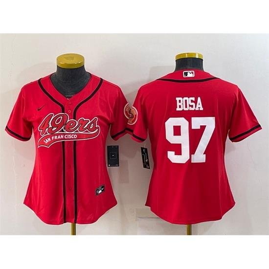 Women San Francisco 49ers 97 Nick Bosa Red With Patch Cool Base Stitched Baseball Jersey