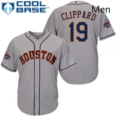 Mens Majestic Houston Astros 19 Tyler Clippard Replica Grey Road 2017 World Series Champions Cool Base MLB Jersey