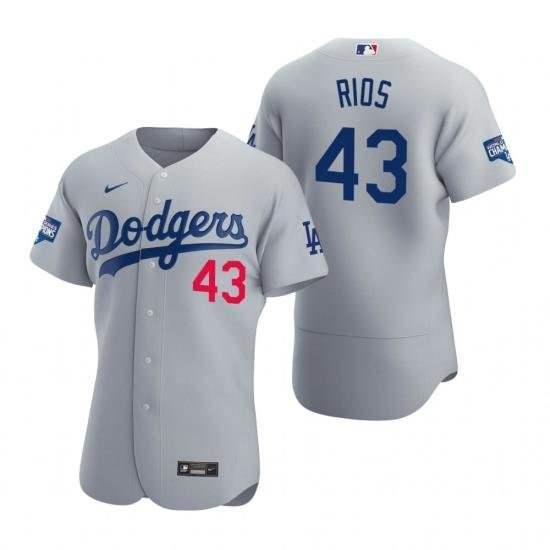 Men Los Angeles Dodgers 43 EdWin Rios Gray 2020 World Series Champions Flexbase Jersey