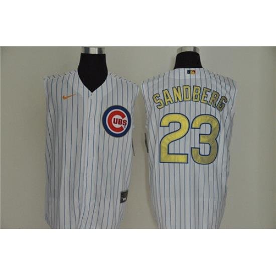 Cubs 23 Ryne Sandberg White Gold Nike Cool Base Sleeveless Jersey