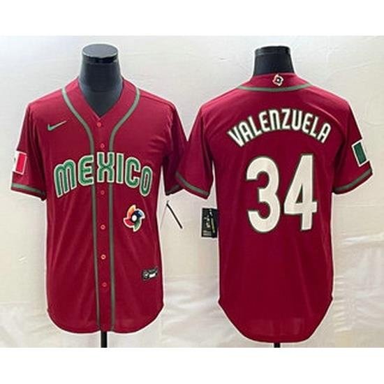 Men's Mexico Baseball #34 Fernando Valenzuela 2023 Red Blue World Baseball Classic Stitched Jersey