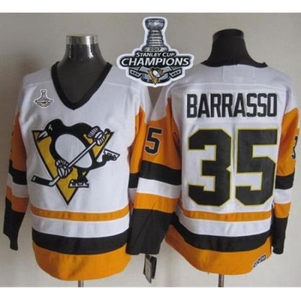 Penguins #35 Tom Barrasso White Black CCM Throwback 2017 Stanley Cup Finals Champions Stitched NHL Jersey