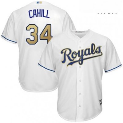 Mens Majestic Kansas City Royals 34 Trevor Cahill Replica White Home Cool Base MLB Jersey