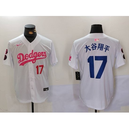 Men Los Angeles Dodgers 17  Shohei Ohtani White Pink Vin  26 Kobe Patch Stitched Baseball Jersey 2