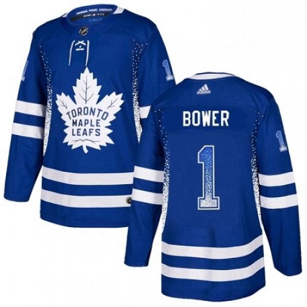 Mens Adidas Toronto Maple Leafs 1 Johnny Bower Authentic Blue Drift Fashion NHL Jersey