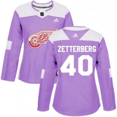 Womens Adidas Detroit Red Wings 40 Henrik Zetterberg Authentic Purple Fights Cancer Practice NHL Jersey