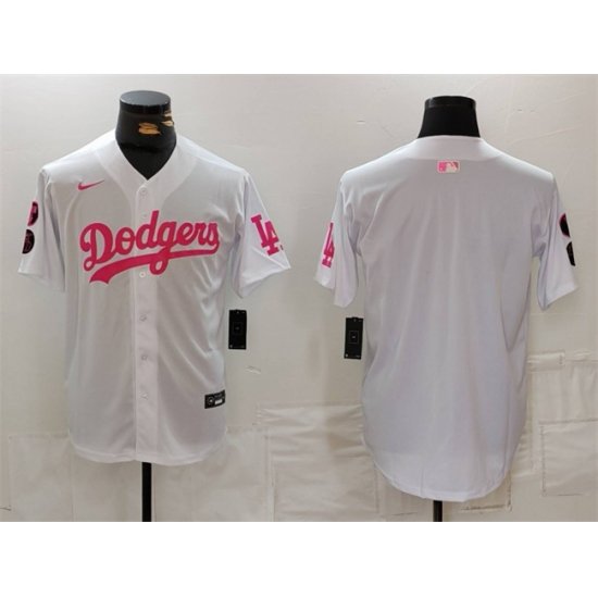 Men Los Angeles Dodgers Blank White Pink Vin  26 Kobe Patch Stitched Baseball Jersey