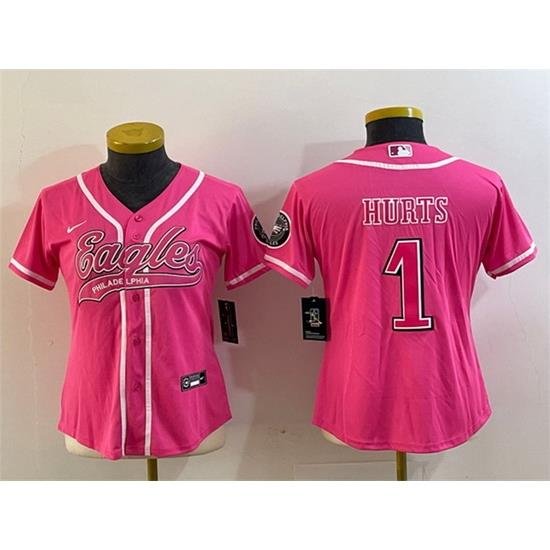 Women Philadelphia Eagles 1 Jalen Hurts Pink Cool Base Stitched Baseball Jersey  Run Small