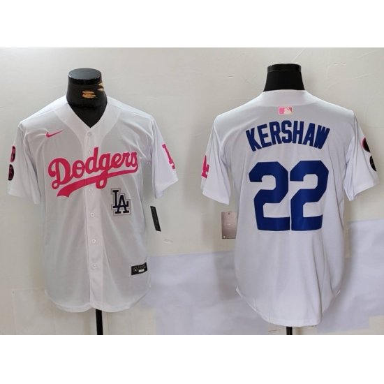 Men Los Angeles Dodgers 22 Clayton Kershaw White Pink Vin  26 Kobe Patch Stitched Baseball Jersey 5