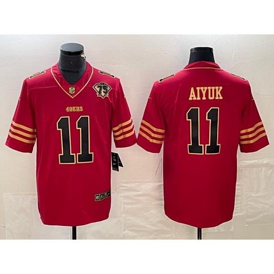 Men San Francisco 49ers 11 Brandon Aiyuk Red Gold With 75th Anniversary Patch Stitched Jersey