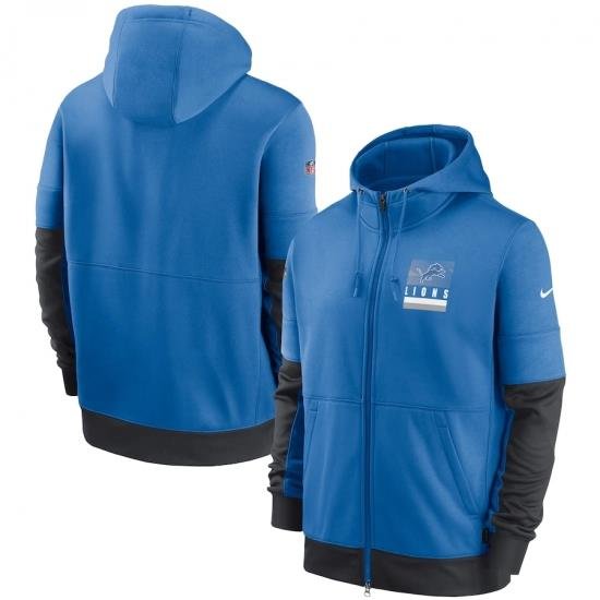 Men Detroit Lions New 2020 Nike Blue Black Fan Gear Mascot Performance Full Zip Hoodie