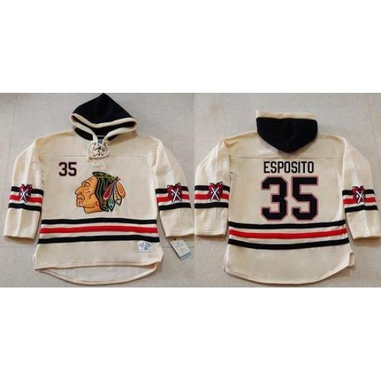 Men Chicago Blackhawks 35 Tony Esposito Cream Heavyweight Pullover Hoodie Stitched NHL Jersey