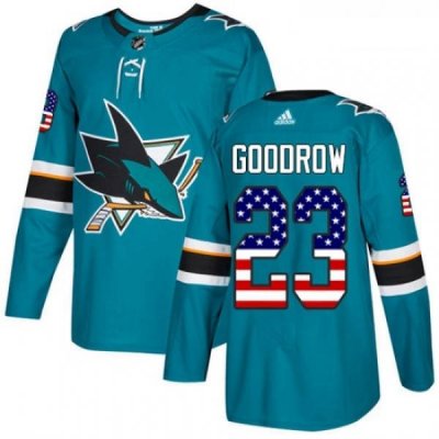 Youth Adidas San Jose Sharks 23 Barclay Goodrow Authentic Teal Green USA Flag Fashion NHL Jersey