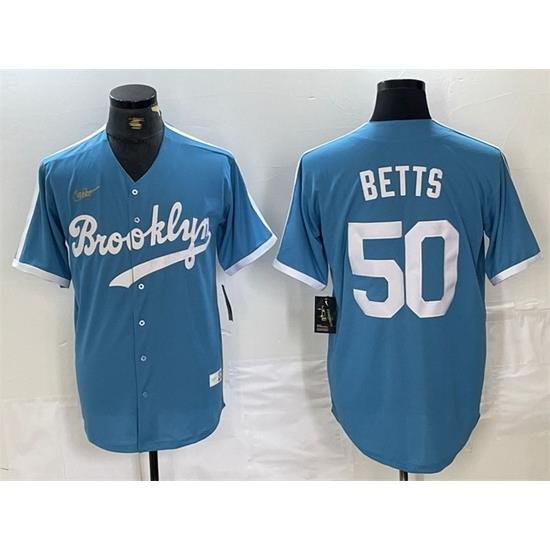 Men Los Angeles Dodgers 50 Mookie Betts Light Blue ThroWback Cool Base Stitched Baseball Jersey