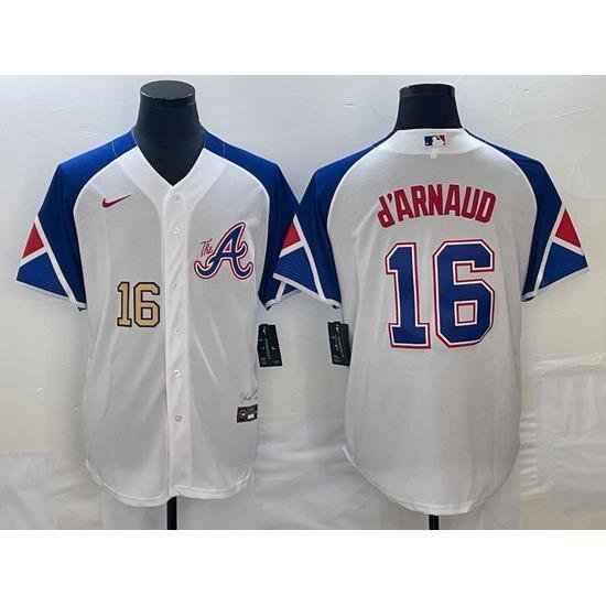 Men's Atlanta Braves #16 Travis dArnaud Number White 2023 City Connect Cool Base Stitched Jerseys