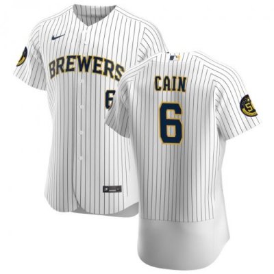 Men MilWaukee BreWers 6 Lorenzo Cain Men Nike White Home 2020 Flex Base Player MLB Jersey