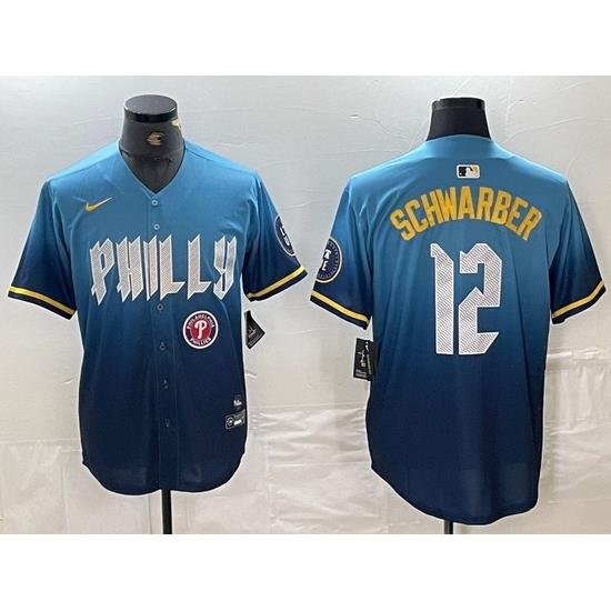 Men Philadelphia Phillies 12 Kyle SchWarber Blue 2024 City Connect Limited Stitched Jersey 4