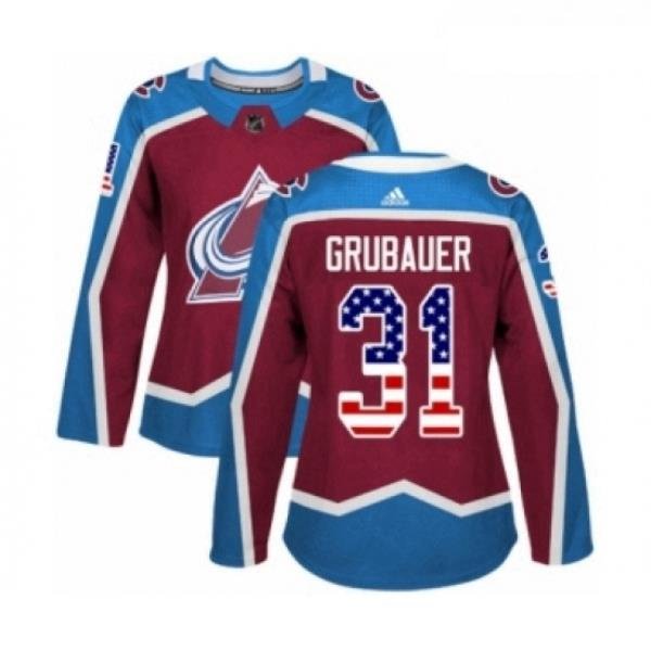 Womens Adidas Colorado Avalanche 31 Philipp Grubauer Authentic Burgundy Red USA Flag Fashion NHL Jersey