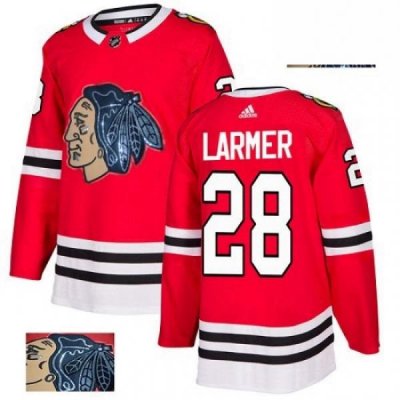 Mens Adidas Chicago Blackhawks 28 Steve Larmer Authentic Red Fashion Gold NHL Jersey