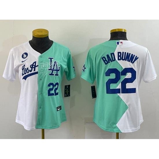 Women Los Angeles Dodgers 22 Bad Bunny 2022 All Star White Green Split Stitched Baseball Jersey 28Run Small 29