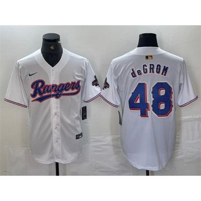 Men Texas Rangers 48 Jacob DeGrom White Gold Cool Base Stitched Baseball Jersey