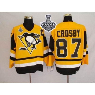 Mitchell 26Ness Penguins #87 Sidney Crosby Yellow 2017 Stanley Cup Final Patch Stitched NHL Jersey