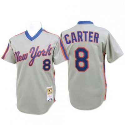 Mens Mitchell and Ness NeW York Mets 8 Gary Carter Replica Grey ThroWback MLB Jersey