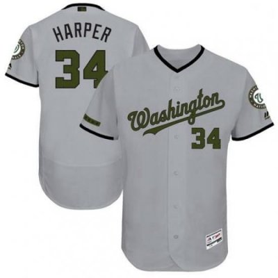 Mens Majestic Washington Nationals 34 Bryce Harper Grey Memorial Day Authentic Collection MLB Jersey Flex Base