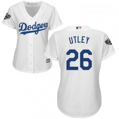 Womens Majestic Los Angeles Dodgers 26 Chase Utley Authentic White Home Cool Base 2018 World Series MLB Jersey