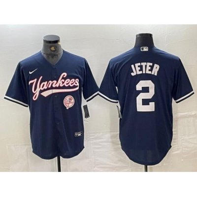 Men NeW York Yankees 2 Derek Jeter Navy With Patch Cool Base Stitched Baseball Jersey