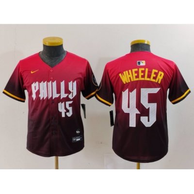 Youth Philadelphia Phillies 45 Zack Wheeler Red 2024 City Connect Limited Stitched Baseball Jersey 2