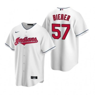 Mens Nike Cleveland Indians 57 Shane Bieber White Home Stitched Baseball Jersey