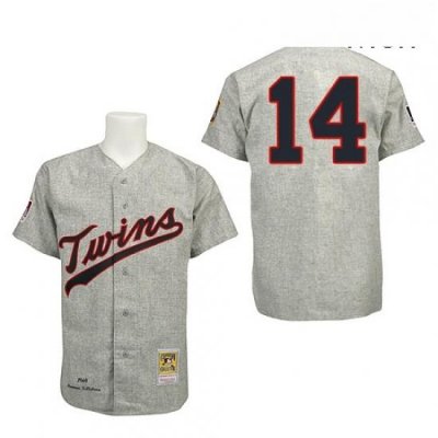 Mens Mitchell and Ness 1969 Minnesota TWins 14 Kent Hrbek Replica Grey ThroWback MLB Jersey