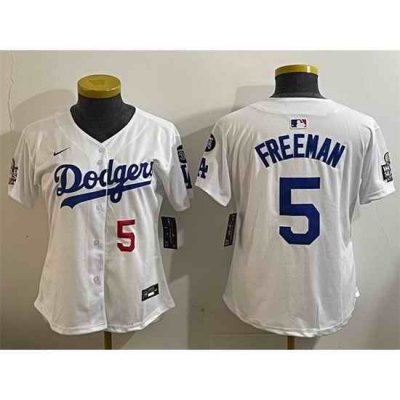 Women Los Angeles Dodgers 5 Freddie Freeman White 2024 World Series With Fernando Memorial Patch Home Limited Stitched Baseball Jersey