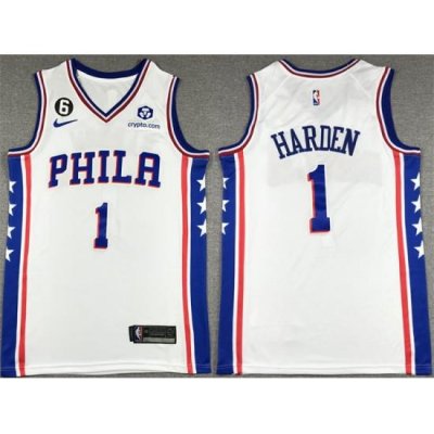 Men Philadelphia 76ers 1 James Harden White With NO 6 Patch Stitched Jersey