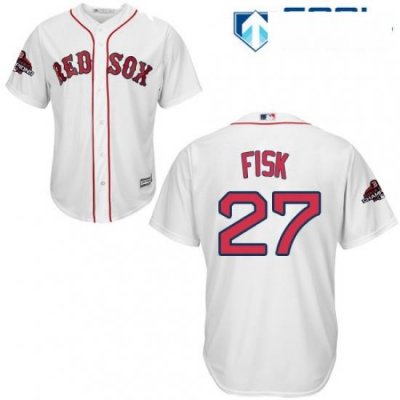 Womens Majestic Boston Red Sox 27 Carlton Fisk Authentic White Home 2018 World Series Champions MLB Jersey