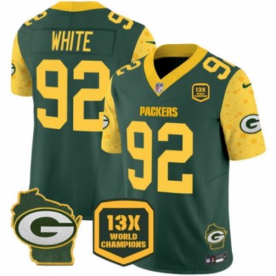 Men Green Bay Packers 92 Reggie White Cheese Green 2024 F U S E  13 Time World Champions And Home Patch Vapor Untouchable Limited Stitched Football Jersey