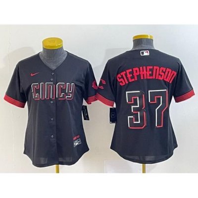 Women Cincinnati Reds 37 Tyler Stephenson Black 2023 City Connect Stitched Baseball Jersey