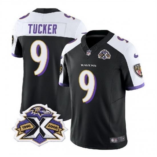 Men Baltimore Ravens 9 Justin Tucker Black White 2023 F U S E With Patch Throwback Vapor Limited Jersey