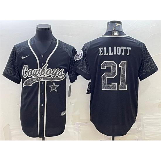 Men Dallas Cowboys 21 Ezekiel Elliott Black Reflective With Patch Cool Base Stitched Baseball Jersey